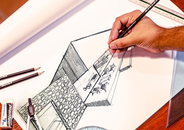 Dessin au crayon graphite d'un bâtiment et de sa terrasse
