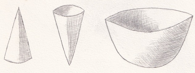 Exemple de hachures sur des formes géométriques arrondies, cônes et coupole