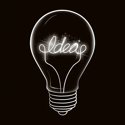 Dessin d'une ampoule avec le texte "Ideas" au centre